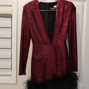 Bronx and Banco Red Sequin Fur Trim Asymmetrical Mini XS - Holiday Party Dress